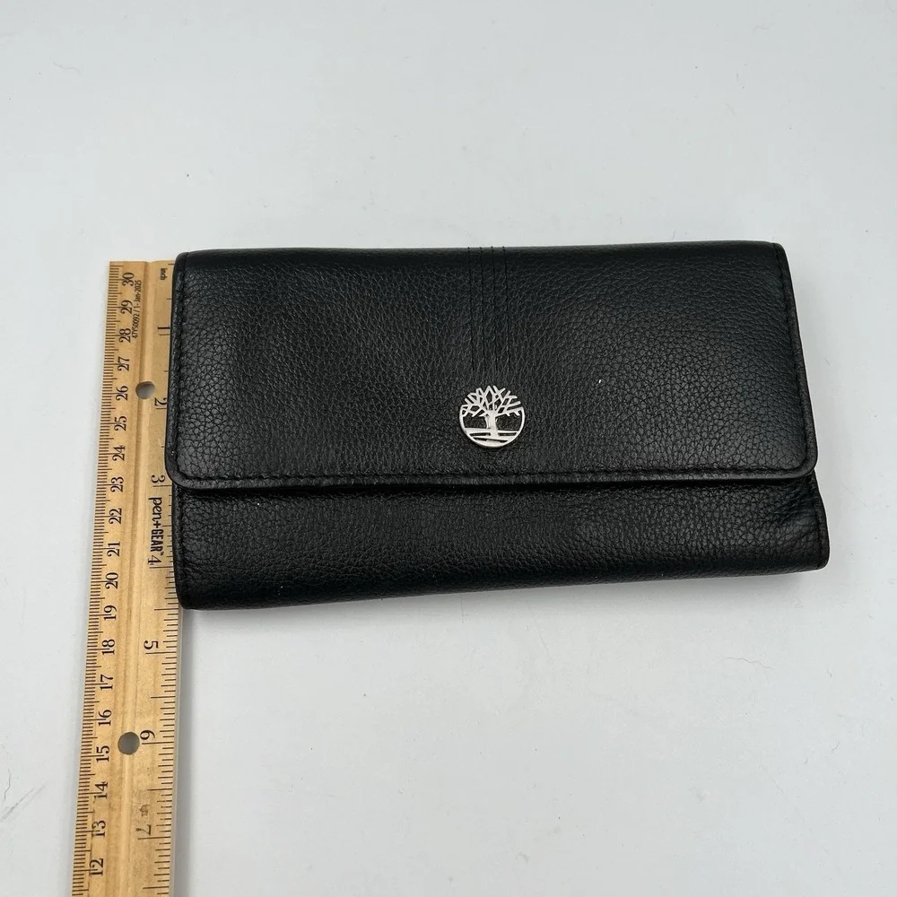 Timberland Pebbled Leather Black Wallet Women's Trifold Cardholder Clutch Flap